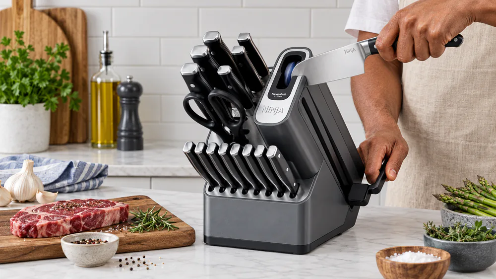 The Ninja Foodi NeverDull block on a counter, the lever-mounted ceramic sharpening wheel engaged on a chef's knife, steak knives in the lower slots.