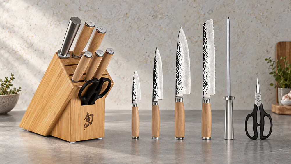 Shun Premier Blonde knives with layered Damascus blades in the 11-slot bamboo block, the hammered finish catching the light.