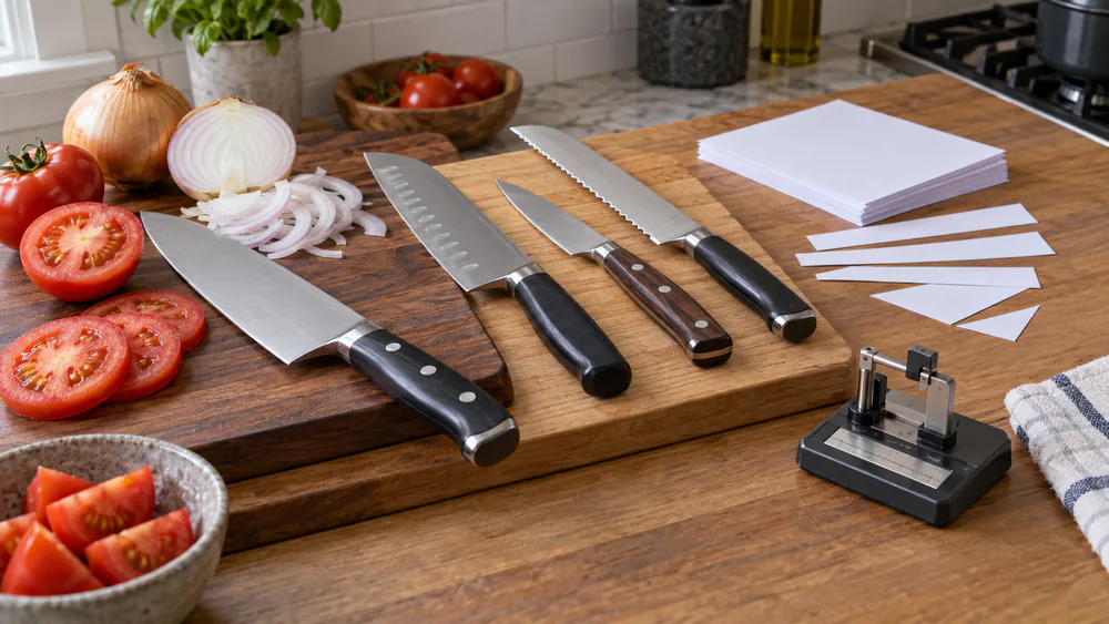 A close-up of a chef's knife edge being checked against a paper test in a test kitchen, with several knife block sets lined up on the counter behind it.
