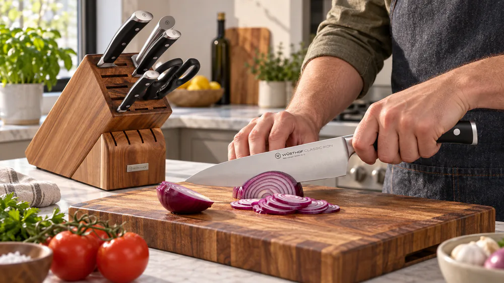 A Wüsthof Classic Ikon chef's knife held over the 15-slot acacia block, the forged blade and dark POM handle in profile.