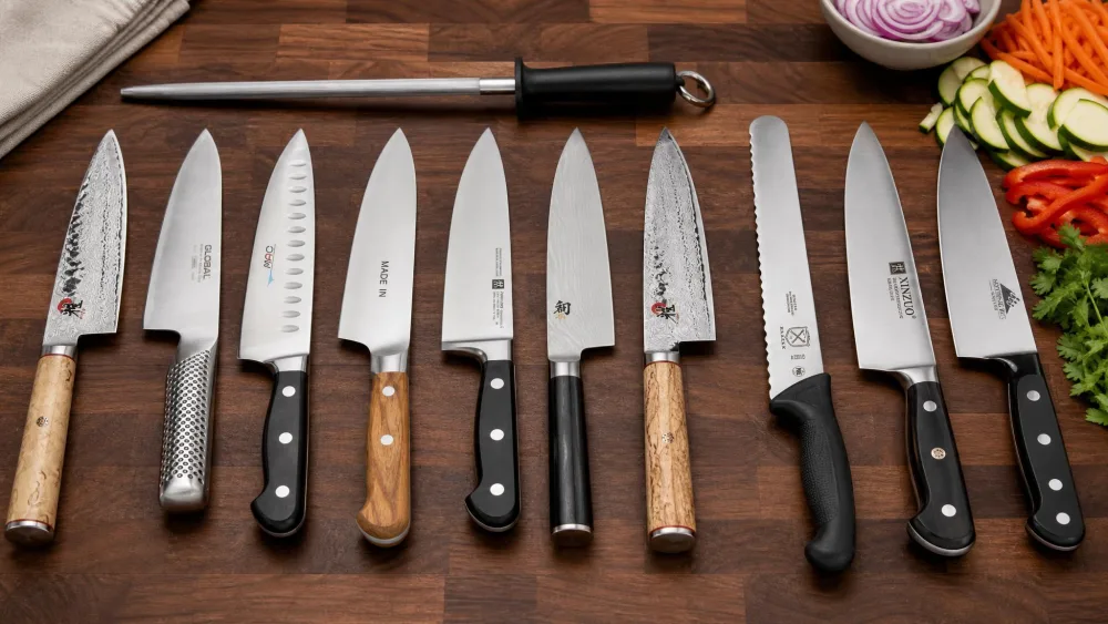 Ten 8-inch chef's knives from different brands lined up on a butcher-block counter beside a honing rod and a pile of prepped vegetables during testing.