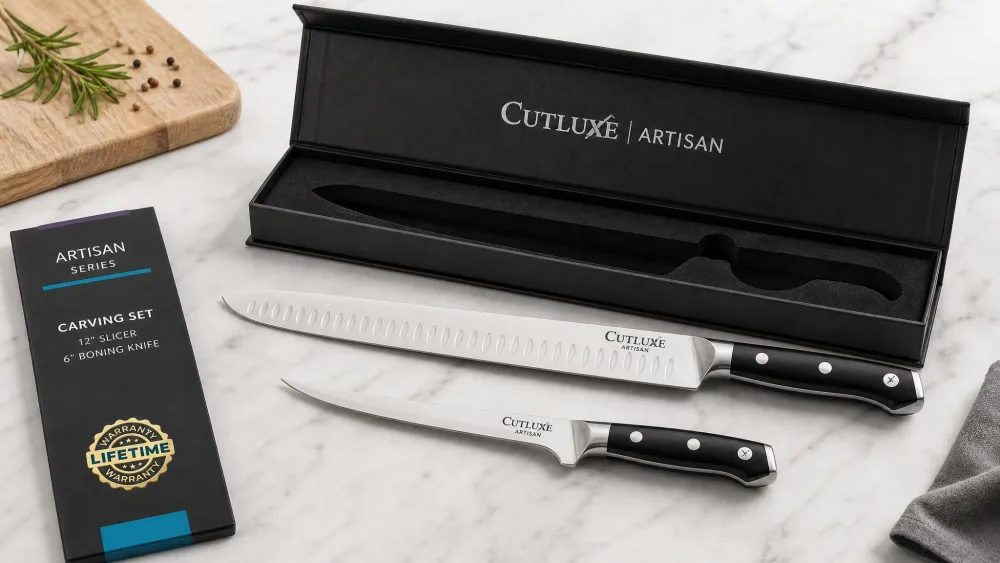 The Cutluxe Razor Sharp Carving Knife Set laid out on a counter: a 12-inch slicer and a 6-inch boning knife beside a velvet-lined storage box.