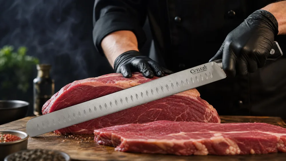 A Cutluxe 10-inch cimeter breaking knife making a long slicing stroke through a large cut of beef.
