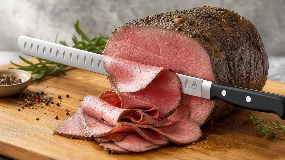 A MAIRICO 11-inch slicer cutting paper-thin slices of roast beef, the thin slices curling from the blade.