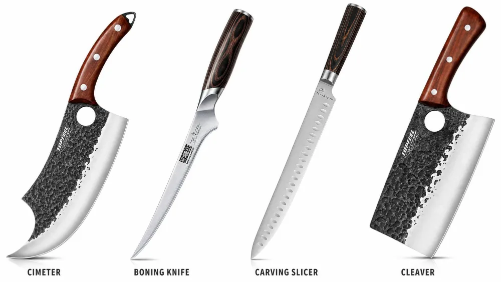 Four meat knife blade profiles side by side: a curved cimeter, a narrow boning knife, a long carving slicer, and a thick cleaver.