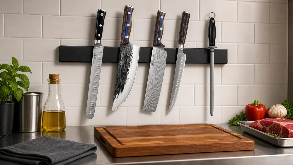 A test-kitchen counter with several meat knives on a magnetic strip and a honing rod beside a cutting board.