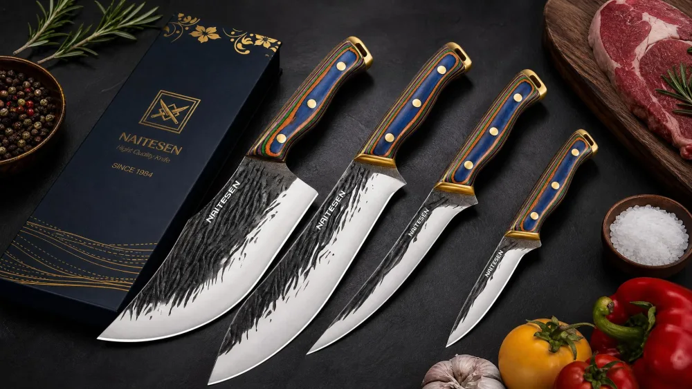 The Naitesen four-piece butcher knife set arranged on a dark surface, gold-finished full-tang handles visible.