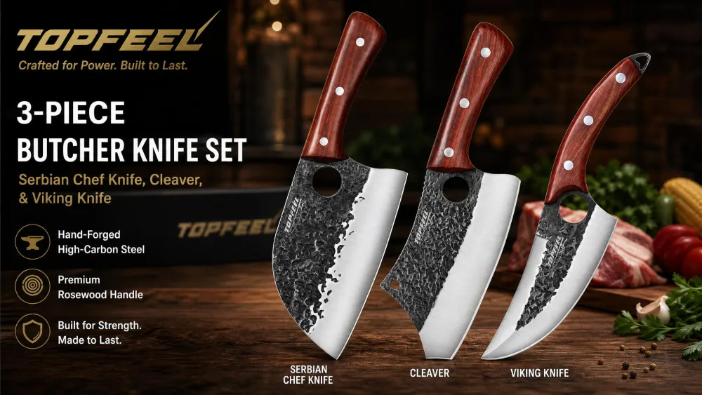 The Topfeel three-piece butcher knife set: a Serbian chef knife, a cleaver, and a viking knife with rosewood handles.