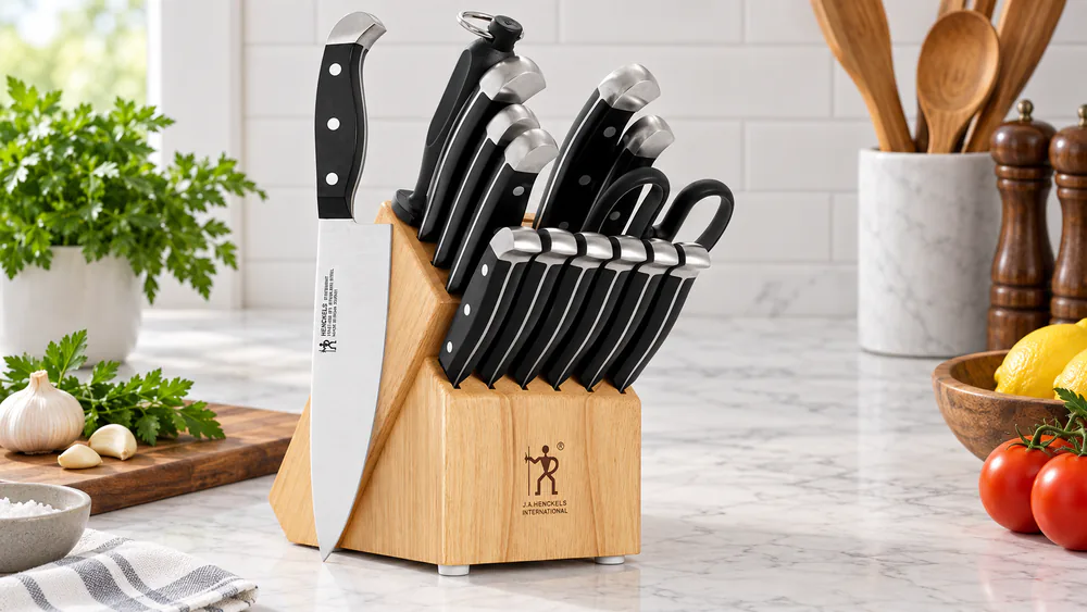 The J.A. Henckels Statement 15-piece block with the six steak knives racked at the front of the hardwood block.