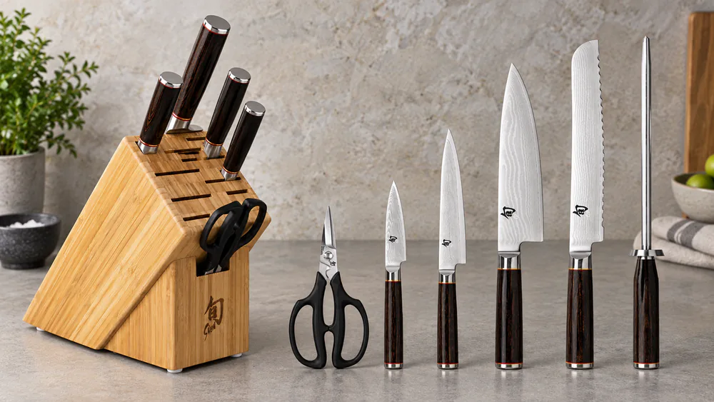 A Miyabi Artisan chef's knife on a bamboo block, the cocobolo pakkawood handle showing its brass and red spacers.