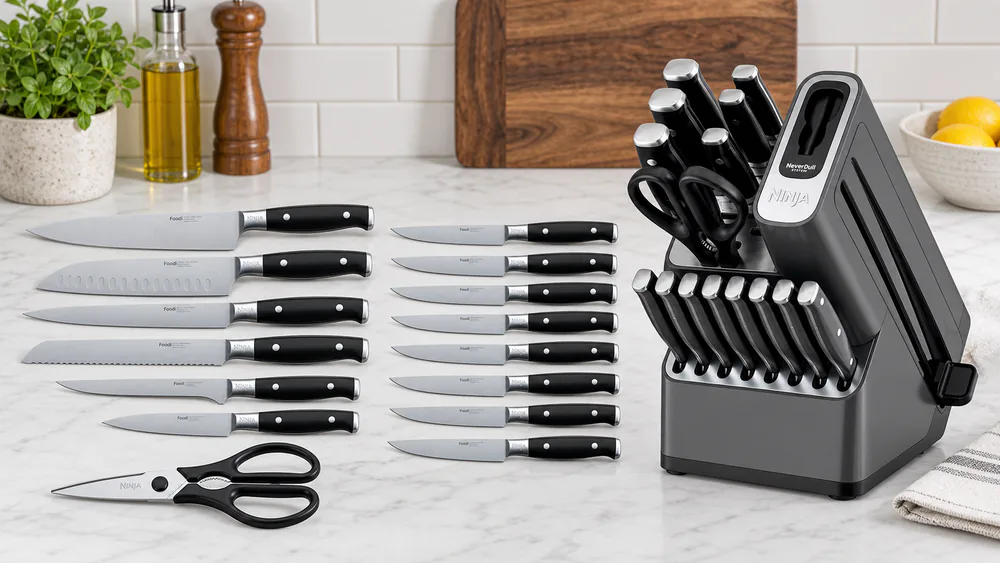 The Ninja NeverDull 17-piece knife block with its built-in sharpening lever at the front, knives racked in the slots.
