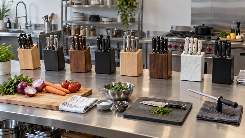 Our test kitchen bench mid-test, eight knife sets racked in a row with a honing steel at the edge-checking station.