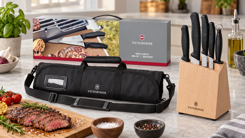 The compact beech block of the Victorinox Swiss Classic set with the TPE-handled chef's knife in its slot.