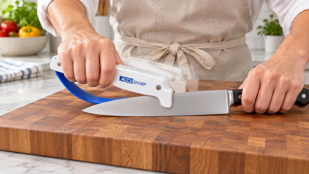 An AccuSharp handheld sharpener held over a chef's knife on a cutting board, three quick pulls in progress.