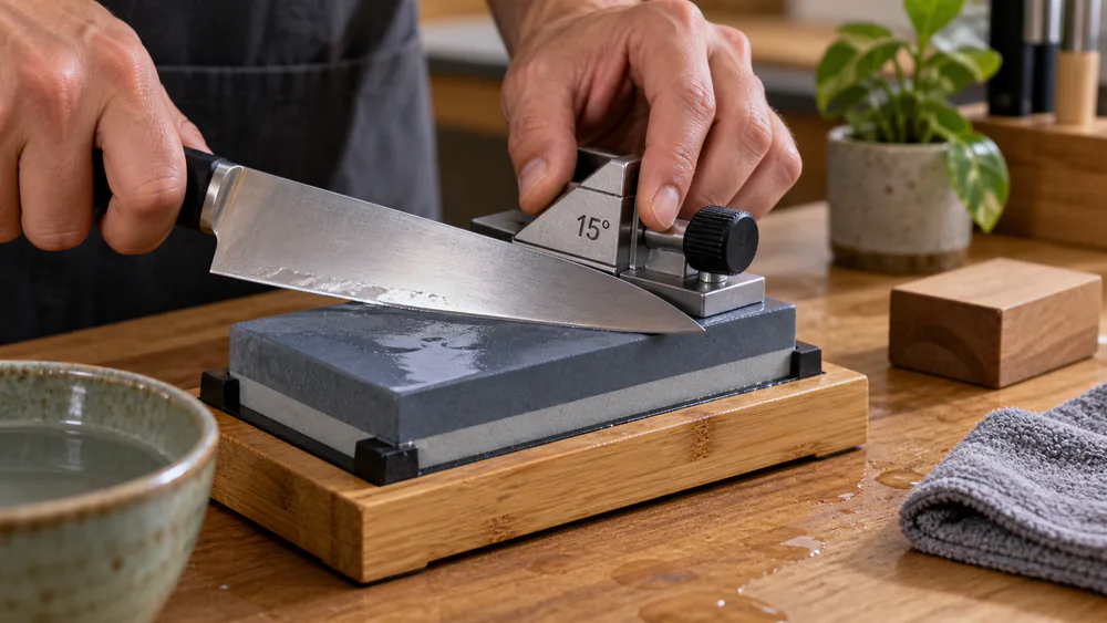 A close-up of a knife edge held against an angle guide on a whetstone bench, with the guide set to 15 degrees.