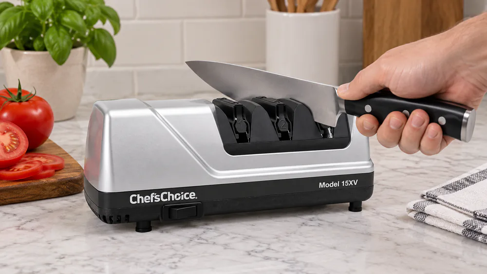 A chef's knife drawn through the sharpening slot of a Chef's Choice 15XV electric sharpener on a kitchen counter.