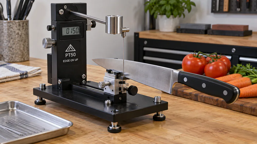 An Edge-On-Up PT50 sharpness tester on a test bench measuring the edge of a chef's knife, with tomatoes and carrots stacked nearby.