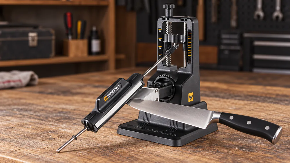 A Work Sharp Precision Adjust with a chef's knife clamped in the rotating v-block and the abrasive rod at the edge.