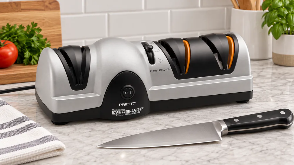 A Presto 08810 three-stage electric sharpener on a counter showing its three sharpening slots and blade thickness selector.