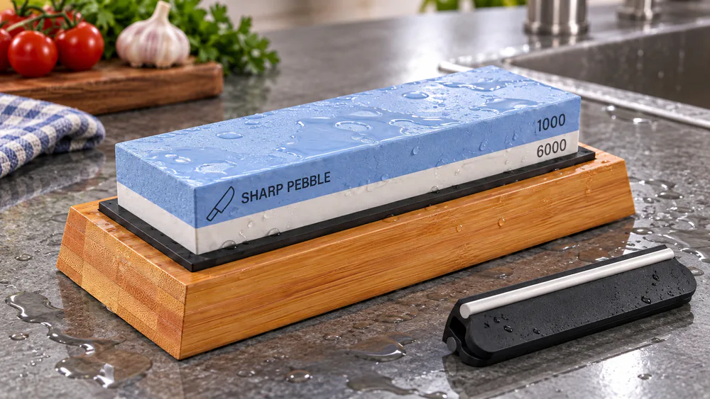 A Sharp Pebble 1000/6000 whetstone on its bamboo base with the angle guide in place and water on the stone.