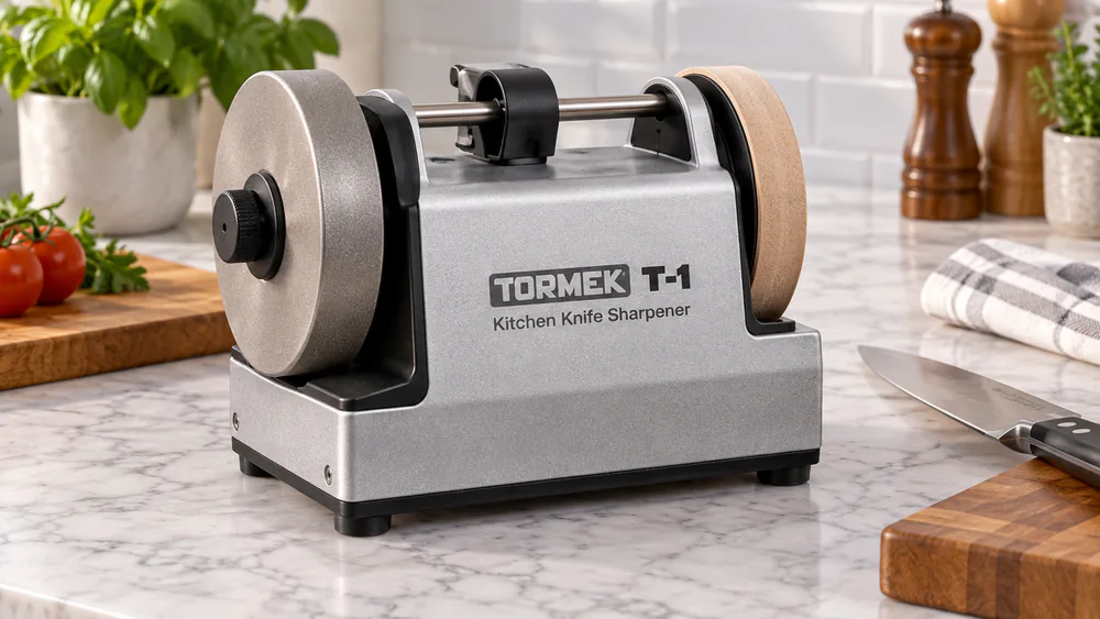A Tormek T-1 kitchen knife sharpener with its wooden-handled zinc housing on a countertop.