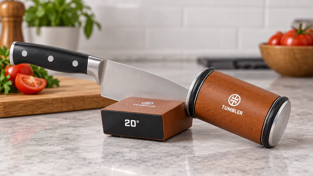 The Original Tumbler rolling sharpener with a chef's knife seated in the magnetic angle support.