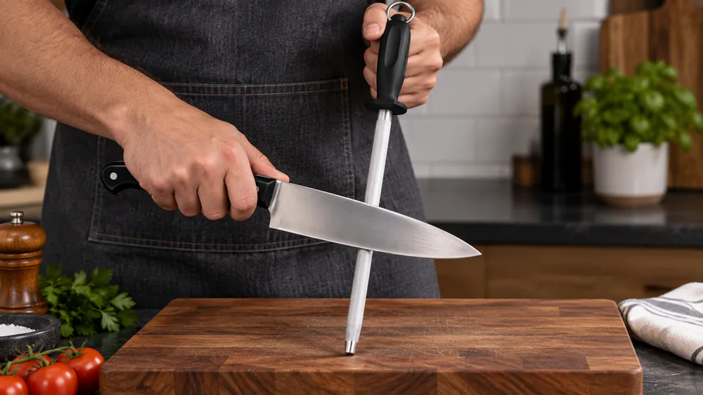 A 12-inch Utopia honing steel held over a cutting board with a chef's knife drawn along the rod.