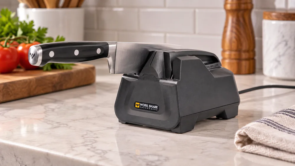 A compact Work Sharp Culinary E2 electric sharpener on a counter with a chef's knife in the guide slot.