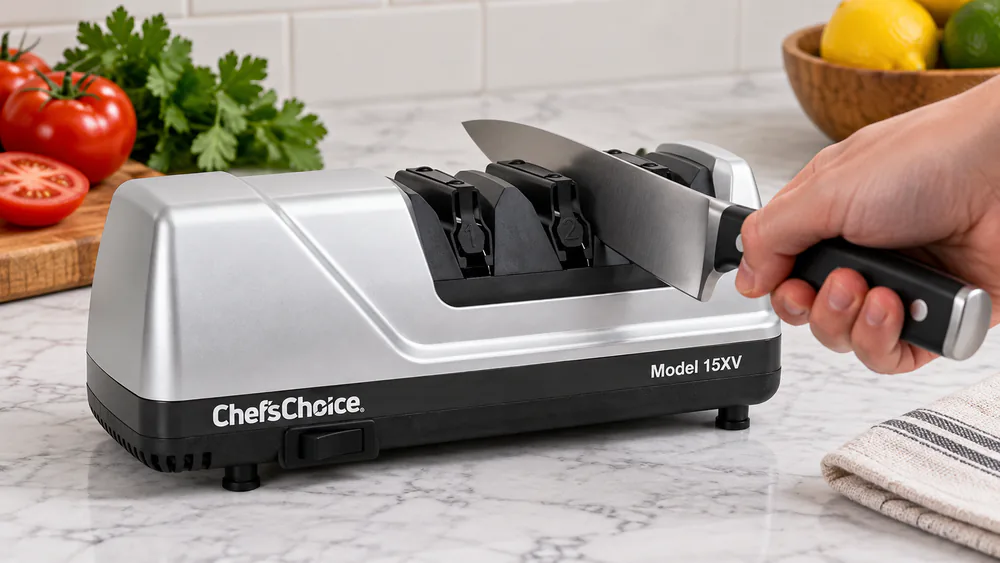 A chef's knife passing through the spring-guided slot of a gray Chef'sChoice 15XV electric sharpener on a kitchen counter.
