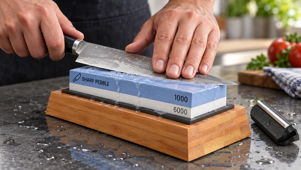 A knife blade held at a low 15-degree angle against a wet 1000-grit whetstone, water and slurry visible on the stone.