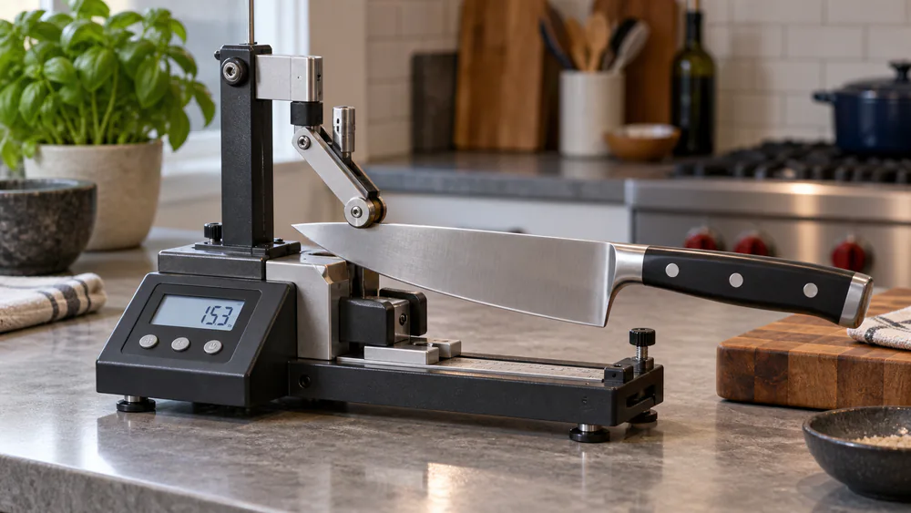 A chef's knife edge pressed against an Edge-On-Up PT50 sharpness tester on a test-kitchen counter, the reading scale visible.