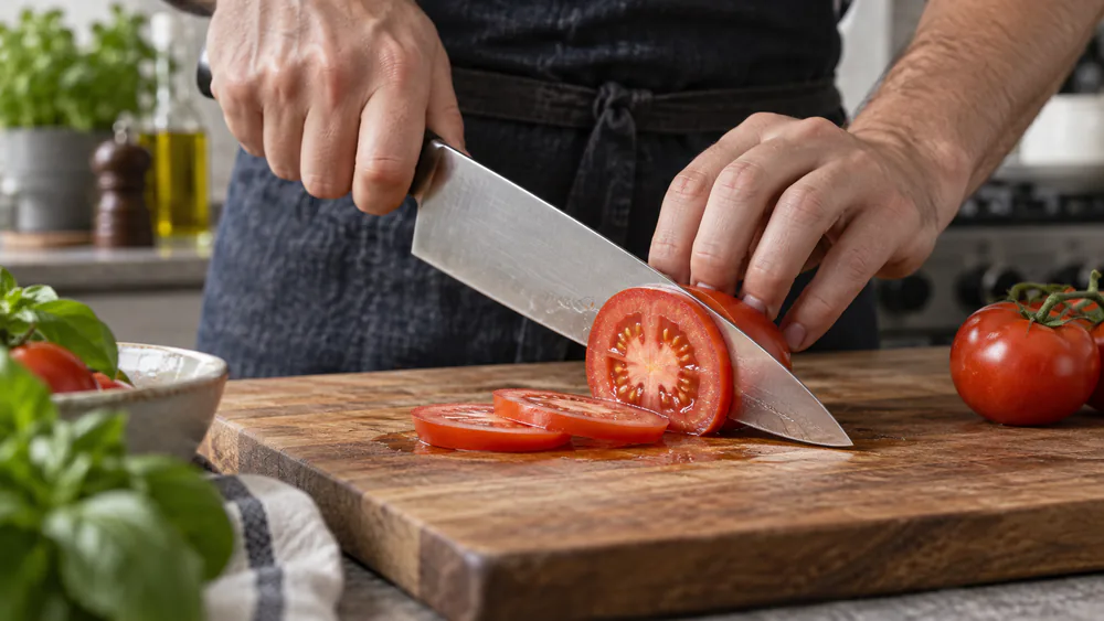 A test-kitchen hand slicing a ripe tomato with a chef's knife a week after sharpening, checking how the edge holds.