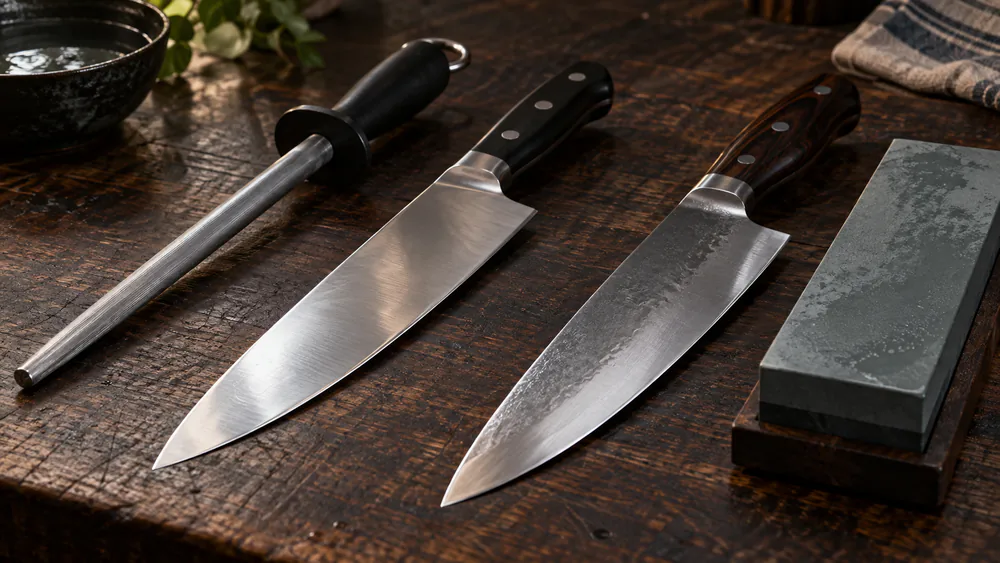 A macro view of a knife edge: a realigned edge on the honed side and a freshly ground bevel on the sharpened side.