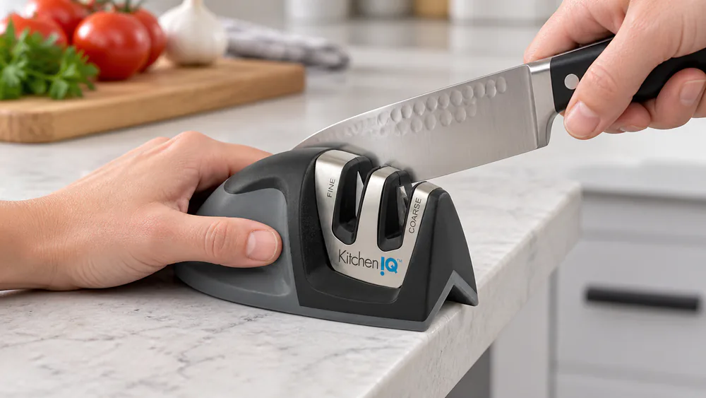 A hand drawing a knife blade through the KitchenIQ Edge Grip pull-through resting on a counter edge.