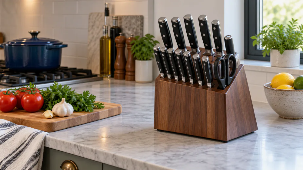 A full chef's knife block on a kitchen counter after a month of maintenance, every knife edge-up and uniform.