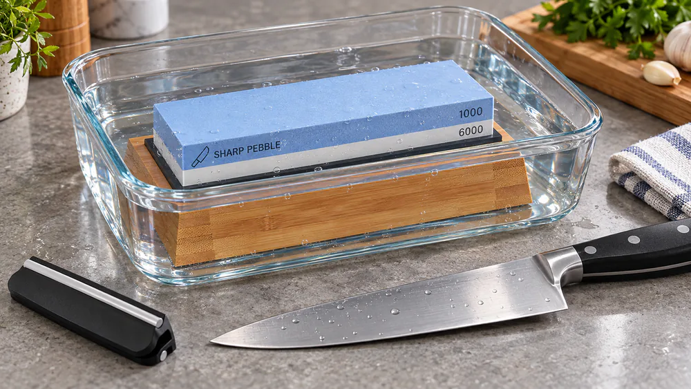 A double-sided 1000/6000 whetstone soaking in water beside a chef's knife on its bamboo base.