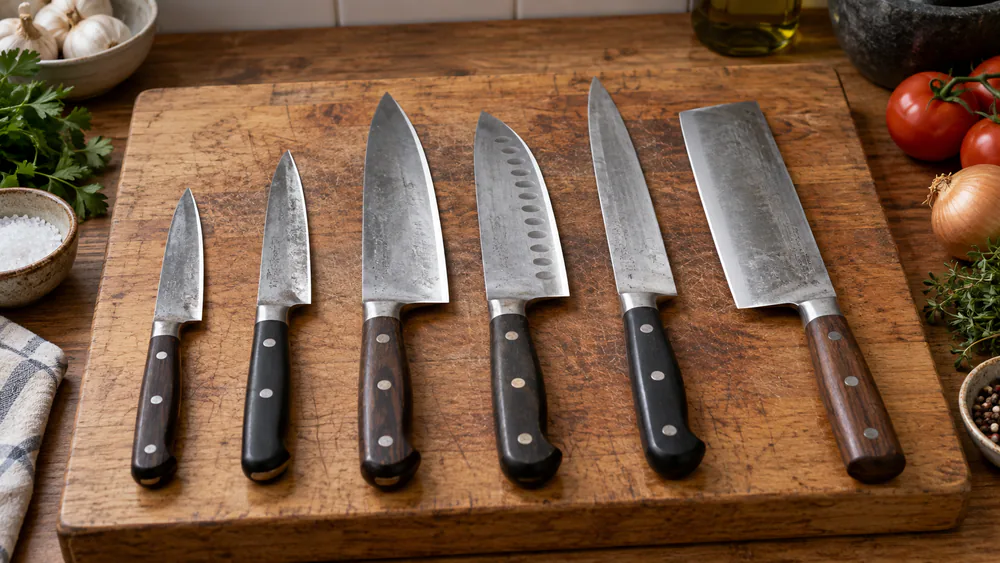 A row of well-used chef's knives lined up on a cutting board after a month of prep, one edge freshly sharpened.