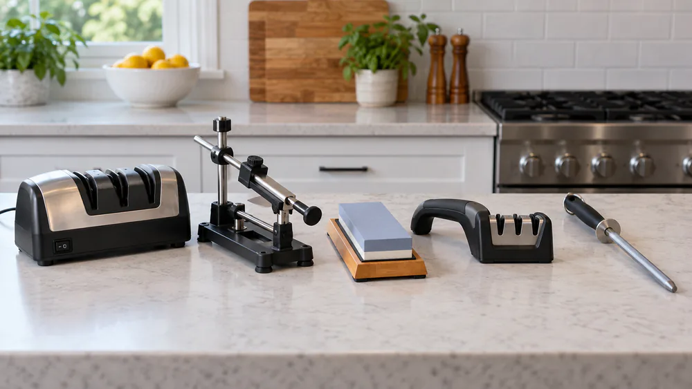 Five knife sharpeners lined up on a counter: an electric, a guided system, a whetstone, a pull-through, and a honing rod.