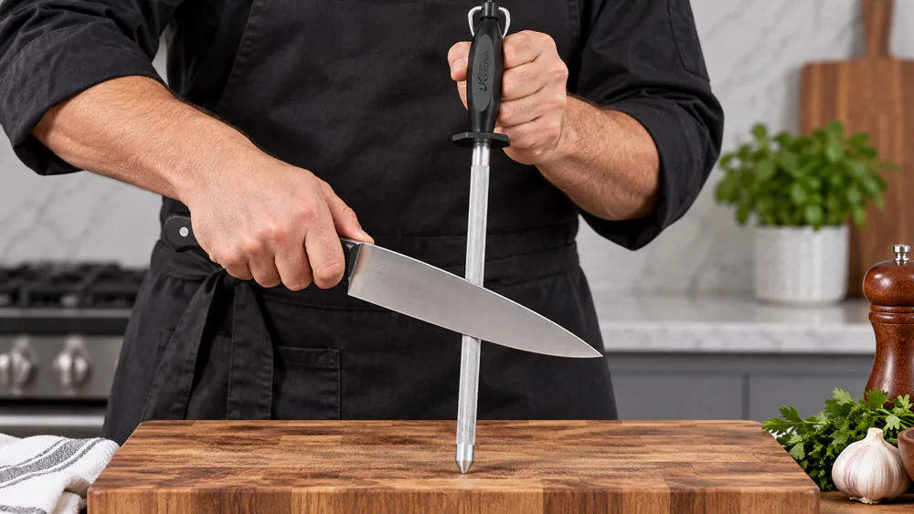 A hand drawing a chef's knife along a 12-inch magnetized honing rod held vertically, blade angled at about 20 degrees.