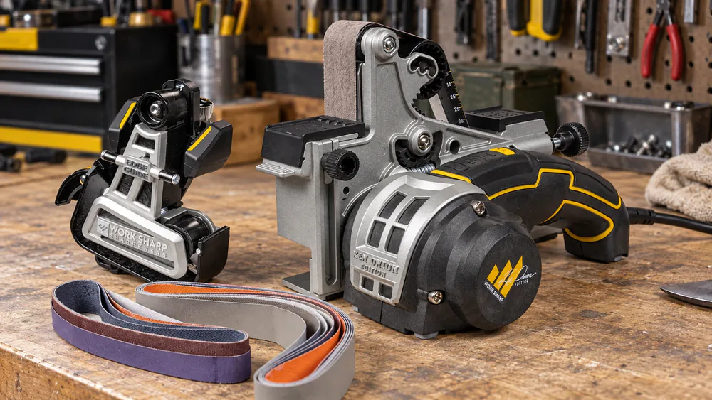 A Work Sharp Ken Onion Edition Elite Mk.2 belt sharpener on a bench with a knife at the blade grinding attachment.
