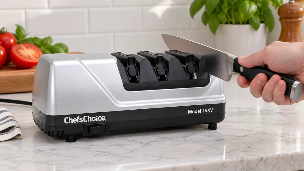 A Chef'sChoice 15XV EdgeSelect electric sharpener on a counter with a chef's knife being pulled through the final stropping stage.
