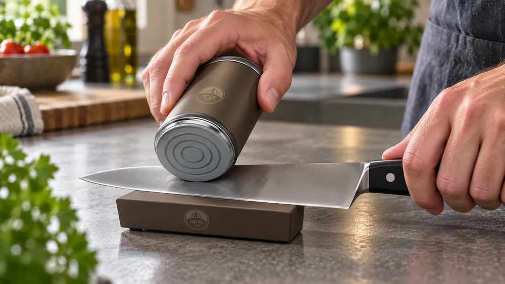 A HORL 2 Pro rolling sharpener mid-stroke on a chef's knife lying flat on a counter, the magnetic angle block attached to the blade.