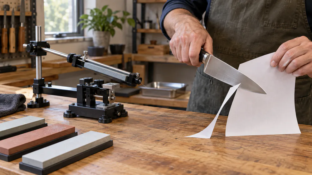 A hand testing a freshly sharpened chef's knife on a sheet of paper at a workbench, a guided sharpening system clamped beside it.