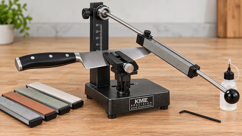 A KME Precision knife clamped in its rotating holder, the spherical-bearing guide rod resting on the angle scale of the frame.