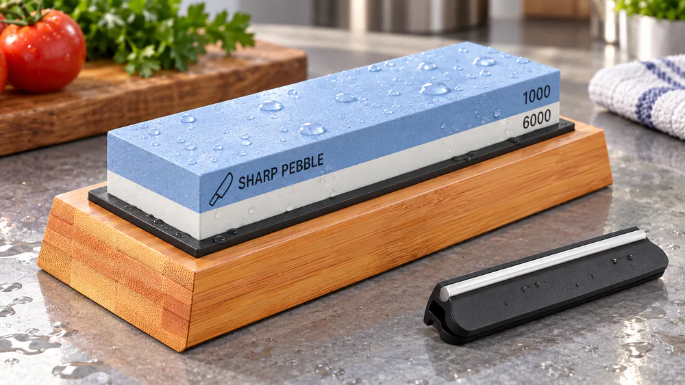 A Sharp Pebble 1000/6000 whetstone on its bamboo base with the clip-on angle guide attached, water beading on the 6000-grit face.