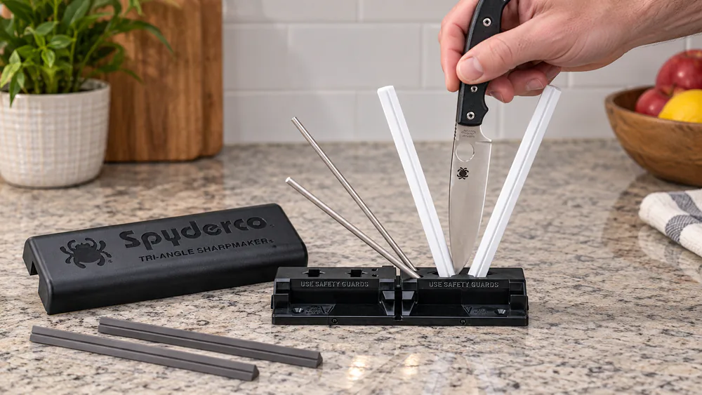 A knife held vertical against the Spyderco Tri-Angle Sharpmaker's crossed ceramic rods on a kitchen counter.