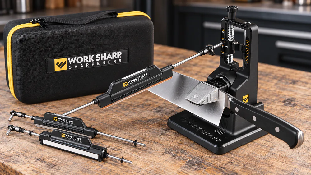 A chef's knife clamped in the Work Sharp Precision Adjust V-Block with the angle dial at 20 degrees, the Tri-Brasive rod resting in its guide.