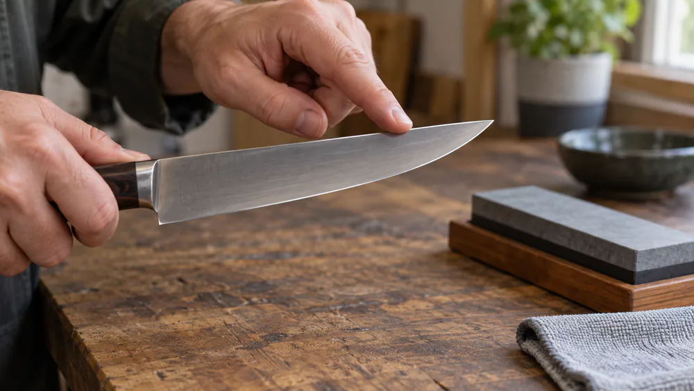 A fingertip running across a blade's far edge to feel for the burr.