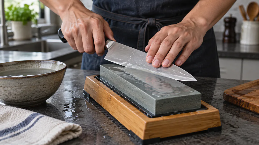 A chef's knife stroked across the coarse side of a wet whetstone, slurry gathering.