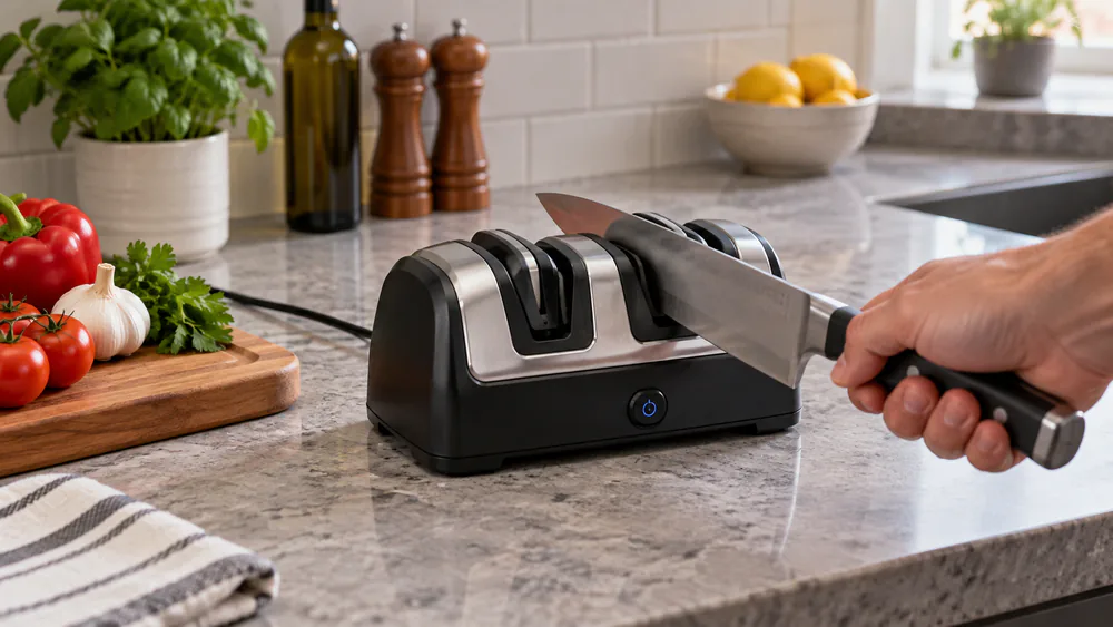A knife drawn through an electric sharpener with built-in angle guides on a countertop.